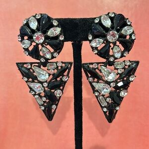 Vintage Thelma Deutsch Jet Black & Clear Crystal Triangle Earrings-Boutique